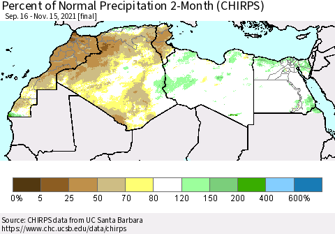 North Africa Percent of Normal Precipitation 2-Month (CHIRPS) Thematic Map For 9/16/2021 - 11/15/2021