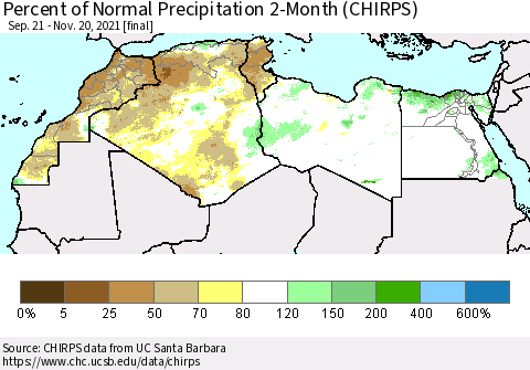 North Africa Percent of Normal Precipitation 2-Month (CHIRPS) Thematic Map For 9/21/2021 - 11/20/2021