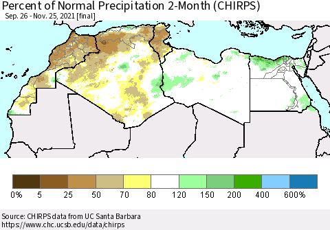 North Africa Percent of Normal Precipitation 2-Month (CHIRPS) Thematic Map For 9/26/2021 - 11/25/2021