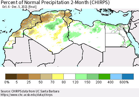 North Africa Percent of Normal Precipitation 2-Month (CHIRPS) Thematic Map For 10/6/2021 - 12/5/2021