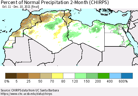 North Africa Percent of Normal Precipitation 2-Month (CHIRPS) Thematic Map For 10/11/2021 - 12/10/2021