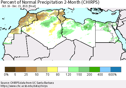 North Africa Percent of Normal Precipitation 2-Month (CHIRPS) Thematic Map For 10/16/2021 - 12/15/2021