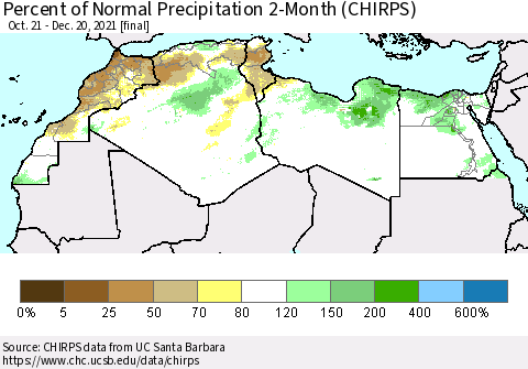 North Africa Percent of Normal Precipitation 2-Month (CHIRPS) Thematic Map For 10/21/2021 - 12/20/2021