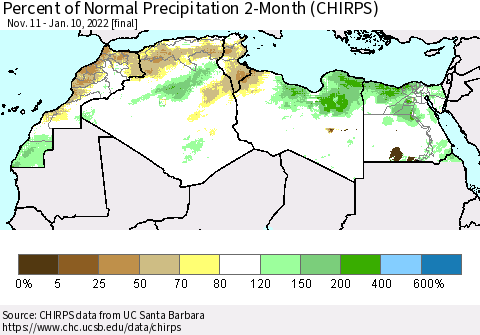 North Africa Percent of Normal Precipitation 2-Month (CHIRPS) Thematic Map For 11/11/2021 - 1/10/2022
