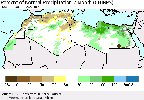 North Africa Percent of Normal Precipitation 2-Month (CHIRPS) Thematic Map For 11/16/2021 - 1/15/2022