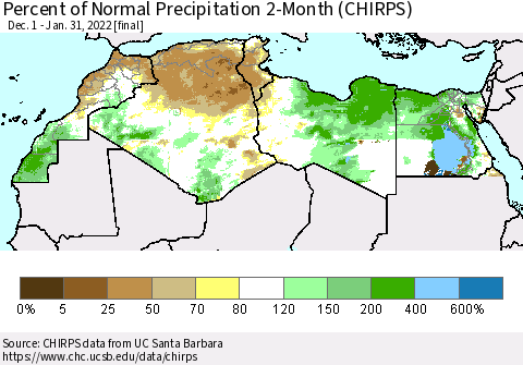North Africa Percent of Normal Precipitation 2-Month (CHIRPS) Thematic Map For 12/1/2021 - 1/31/2022