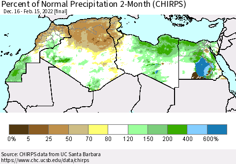 North Africa Percent of Normal Precipitation 2-Month (CHIRPS) Thematic Map For 12/16/2021 - 2/15/2022