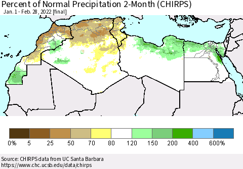 North Africa Percent of Normal Precipitation 2-Month (CHIRPS) Thematic Map For 1/1/2022 - 2/28/2022