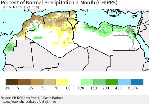 North Africa Percent of Normal Precipitation 2-Month (CHIRPS) Thematic Map For 1/6/2022 - 3/5/2022