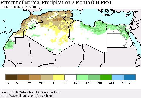 North Africa Percent of Normal Precipitation 2-Month (CHIRPS) Thematic Map For 1/11/2022 - 3/10/2022