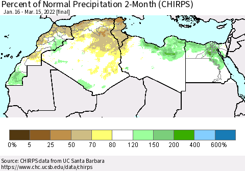 North Africa Percent of Normal Precipitation 2-Month (CHIRPS) Thematic Map For 1/16/2022 - 3/15/2022