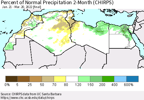 North Africa Percent of Normal Precipitation 2-Month (CHIRPS) Thematic Map For 1/21/2022 - 3/20/2022