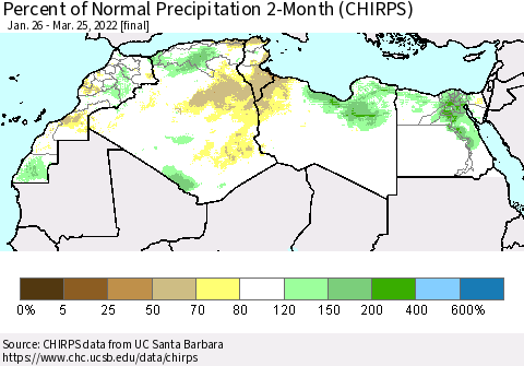 North Africa Percent of Normal Precipitation 2-Month (CHIRPS) Thematic Map For 1/26/2022 - 3/25/2022