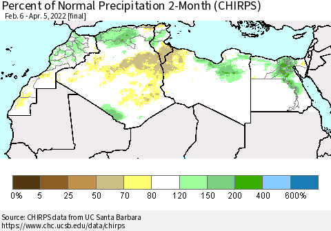 North Africa Percent of Normal Precipitation 2-Month (CHIRPS) Thematic Map For 2/6/2022 - 4/5/2022