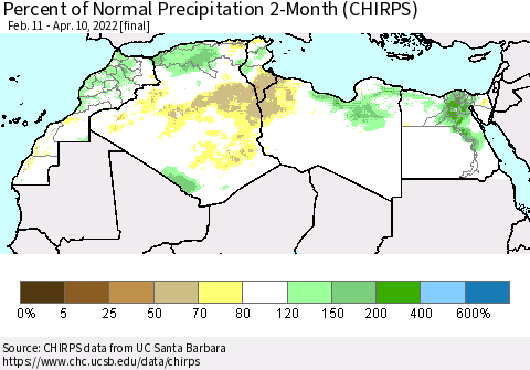 North Africa Percent of Normal Precipitation 2-Month (CHIRPS) Thematic Map For 2/11/2022 - 4/10/2022