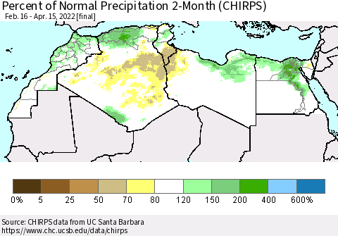 North Africa Percent of Normal Precipitation 2-Month (CHIRPS) Thematic Map For 2/16/2022 - 4/15/2022