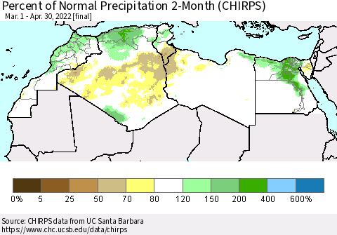 North Africa Percent of Normal Precipitation 2-Month (CHIRPS) Thematic Map For 3/1/2022 - 4/30/2022