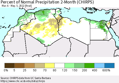 North Africa Percent of Normal Precipitation 2-Month (CHIRPS) Thematic Map For 3/6/2022 - 5/5/2022