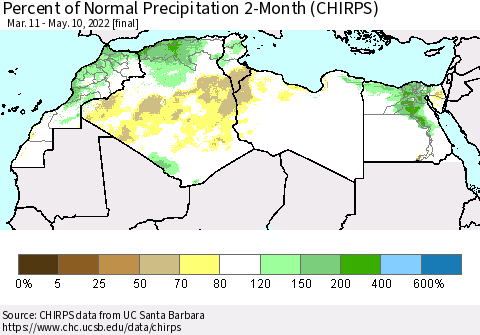 North Africa Percent of Normal Precipitation 2-Month (CHIRPS) Thematic Map For 3/11/2022 - 5/10/2022