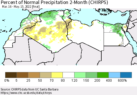 North Africa Percent of Normal Precipitation 2-Month (CHIRPS) Thematic Map For 3/16/2022 - 5/15/2022