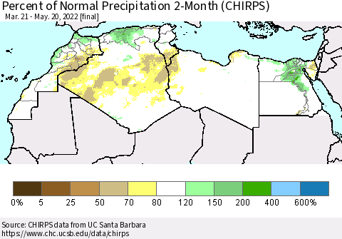 North Africa Percent of Normal Precipitation 2-Month (CHIRPS) Thematic Map For 3/21/2022 - 5/20/2022