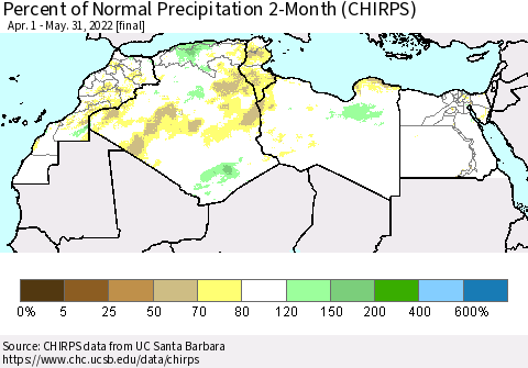 North Africa Percent of Normal Precipitation 2-Month (CHIRPS) Thematic Map For 4/1/2022 - 5/31/2022