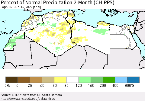 North Africa Percent of Normal Precipitation 2-Month (CHIRPS) Thematic Map For 4/16/2022 - 6/15/2022