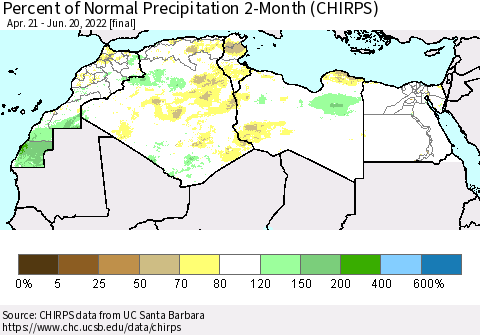 North Africa Percent of Normal Precipitation 2-Month (CHIRPS) Thematic Map For 4/21/2022 - 6/20/2022