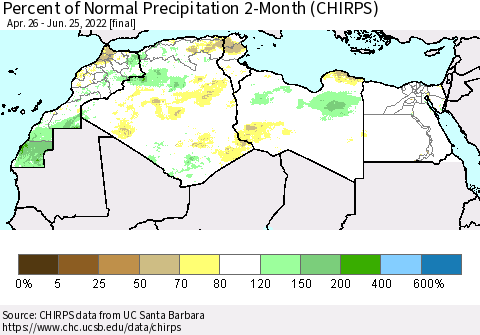 North Africa Percent of Normal Precipitation 2-Month (CHIRPS) Thematic Map For 4/26/2022 - 6/25/2022