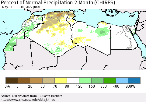 North Africa Percent of Normal Precipitation 2-Month (CHIRPS) Thematic Map For 5/11/2022 - 7/10/2022
