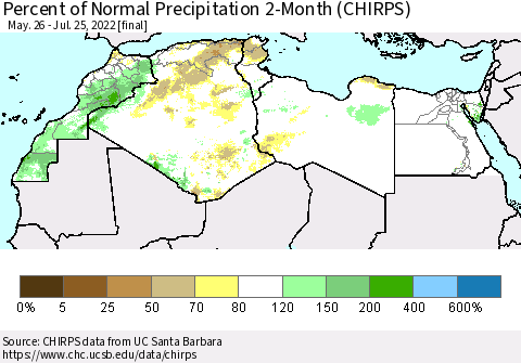 North Africa Percent of Normal Precipitation 2-Month (CHIRPS) Thematic Map For 5/26/2022 - 7/25/2022