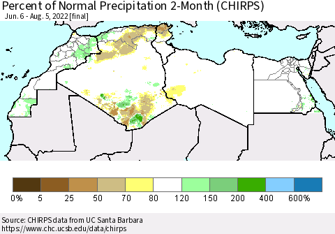 North Africa Percent of Normal Precipitation 2-Month (CHIRPS) Thematic Map For 6/6/2022 - 8/5/2022