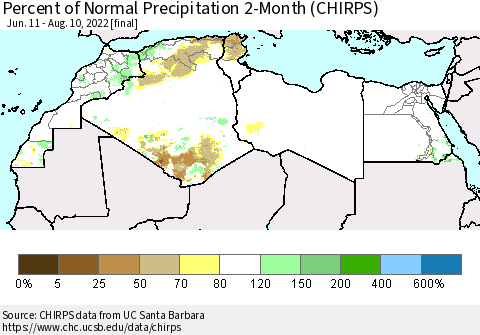 North Africa Percent of Normal Precipitation 2-Month (CHIRPS) Thematic Map For 6/11/2022 - 8/10/2022