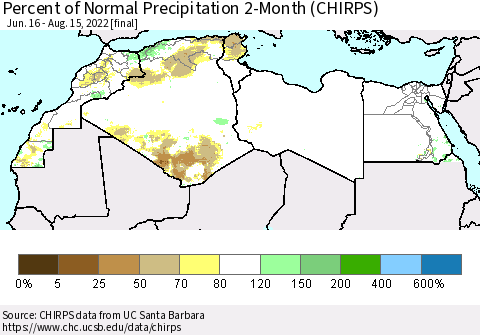 North Africa Percent of Normal Precipitation 2-Month (CHIRPS) Thematic Map For 6/16/2022 - 8/15/2022