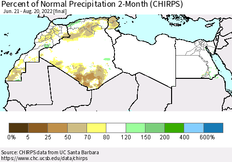 North Africa Percent of Normal Precipitation 2-Month (CHIRPS) Thematic Map For 6/21/2022 - 8/20/2022