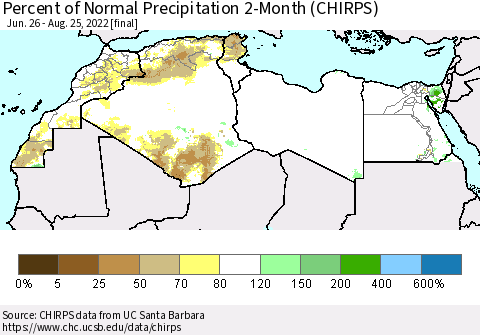 North Africa Percent of Normal Precipitation 2-Month (CHIRPS) Thematic Map For 6/26/2022 - 8/25/2022