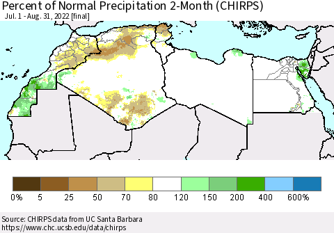 North Africa Percent of Normal Precipitation 2-Month (CHIRPS) Thematic Map For 7/1/2022 - 8/31/2022