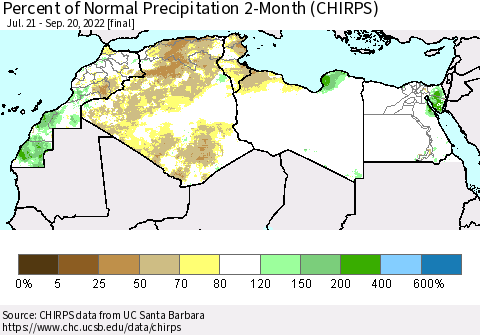 North Africa Percent of Normal Precipitation 2-Month (CHIRPS) Thematic Map For 7/21/2022 - 9/20/2022