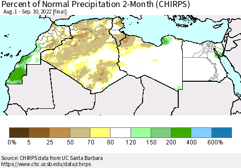 North Africa Percent of Normal Precipitation 2-Month (CHIRPS) Thematic Map For 8/1/2022 - 9/30/2022