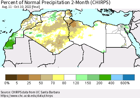 North Africa Percent of Normal Precipitation 2-Month (CHIRPS) Thematic Map For 8/11/2022 - 10/10/2022