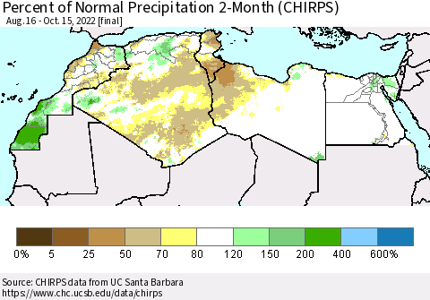 North Africa Percent of Normal Precipitation 2-Month (CHIRPS) Thematic Map For 8/16/2022 - 10/15/2022
