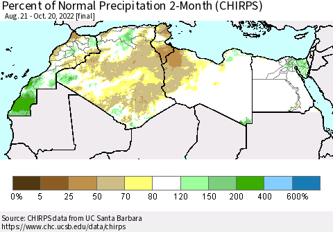 North Africa Percent of Normal Precipitation 2-Month (CHIRPS) Thematic Map For 8/21/2022 - 10/20/2022