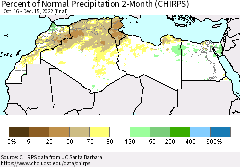 North Africa Percent of Normal Precipitation 2-Month (CHIRPS) Thematic Map For 10/16/2022 - 12/15/2022