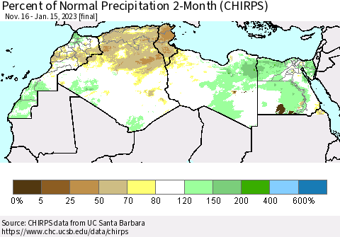 North Africa Percent of Normal Precipitation 2-Month (CHIRPS) Thematic Map For 11/16/2022 - 1/15/2023
