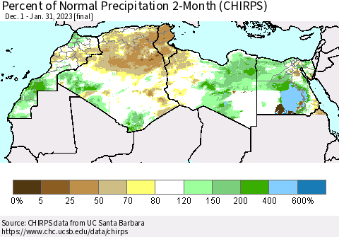 North Africa Percent of Normal Precipitation 2-Month (CHIRPS) Thematic Map For 12/1/2022 - 1/31/2023