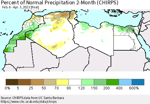 North Africa Percent of Normal Precipitation 2-Month (CHIRPS) Thematic Map For 2/6/2023 - 4/5/2023