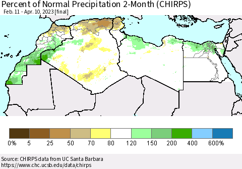 North Africa Percent of Normal Precipitation 2-Month (CHIRPS) Thematic Map For 2/11/2023 - 4/10/2023