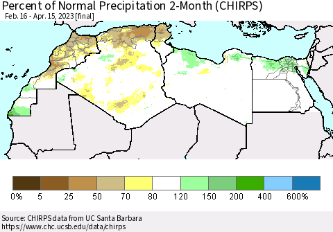 North Africa Percent of Normal Precipitation 2-Month (CHIRPS) Thematic Map For 2/16/2023 - 4/15/2023
