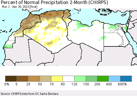North Africa Percent of Normal Precipitation 2-Month (CHIRPS) Thematic Map For 3/1/2023 - 4/30/2023
