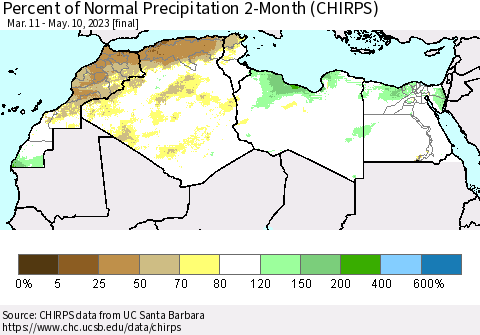 North Africa Percent of Normal Precipitation 2-Month (CHIRPS) Thematic Map For 3/11/2023 - 5/10/2023